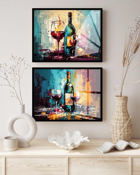 Kit 2 Quadros Decorativos Modernos Vinho Cozinha com Vidro