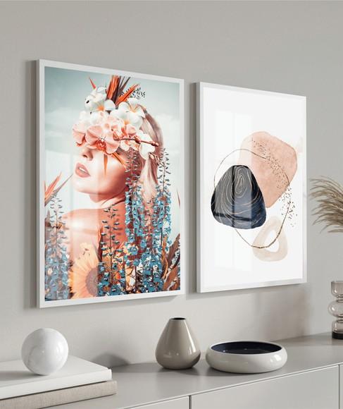 Kit 2 Quadros Decorativos Mulher Abstrato Com Moldura Vidro