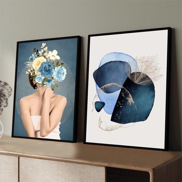 Kit 2 Quadros Decorativos Mulher Flor Abstrato Azul Moldura