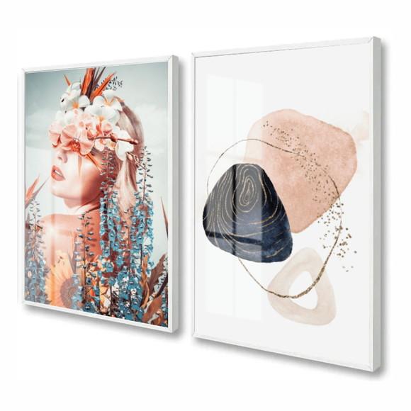 Kit 2 Quadros Decorativos Mulher Abstrato Com Moldura Vidro