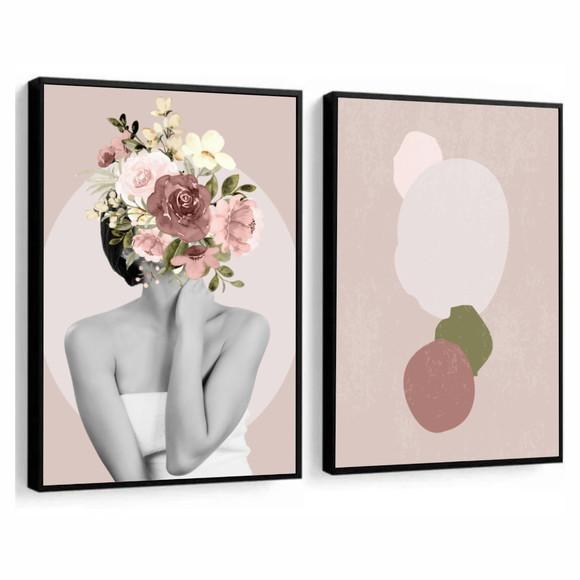 Kit 2 Quadros Decorativos Mulher Flor Abstrato Rosa Moldura