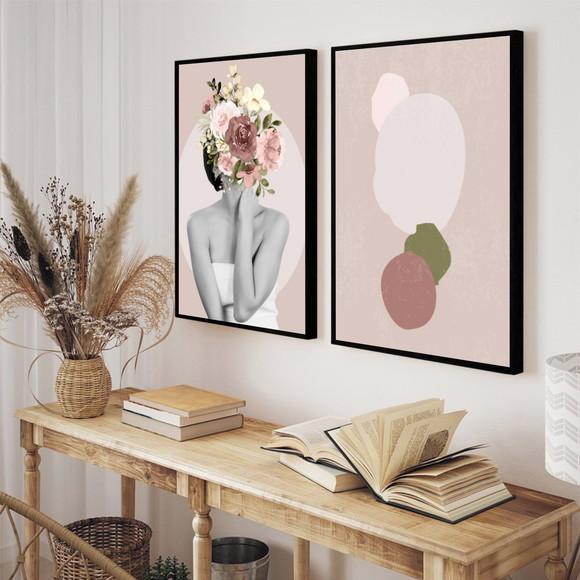 Kit 2 Quadros Decorativos Mulher Flor Abstrato Rosa Moldura