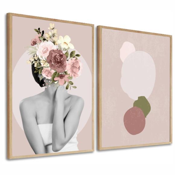 Kit 2 Quadros Decorativos Mulher Flores Abstrato Com Moldura