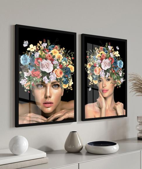 Kit 2 Quadros Decorativos Mulher Flores Com Moldura E Vidro