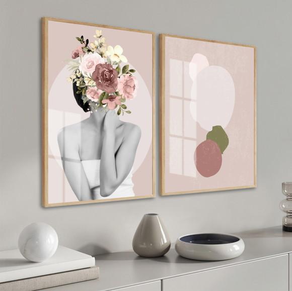 Kit 2 Quadros Decorativos Mulher Flores Rosa Moldura E Vidro