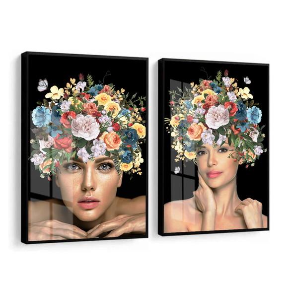 Kit 2 Quadros Decorativos Mulher Flores Com Moldura E Vidro