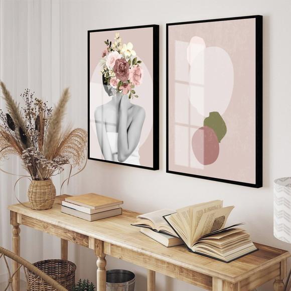 Kit 2 Quadros Decorativos Mulher Flores Rosa Moldura E Vidro