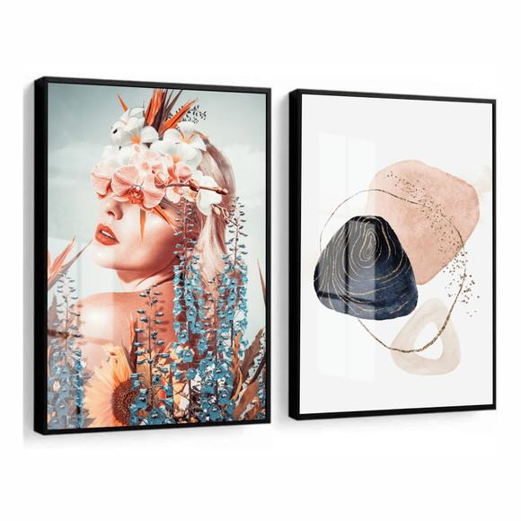 Kit 2 Quadros Decorativos Mulheres Abstrato Moldura E Vidro