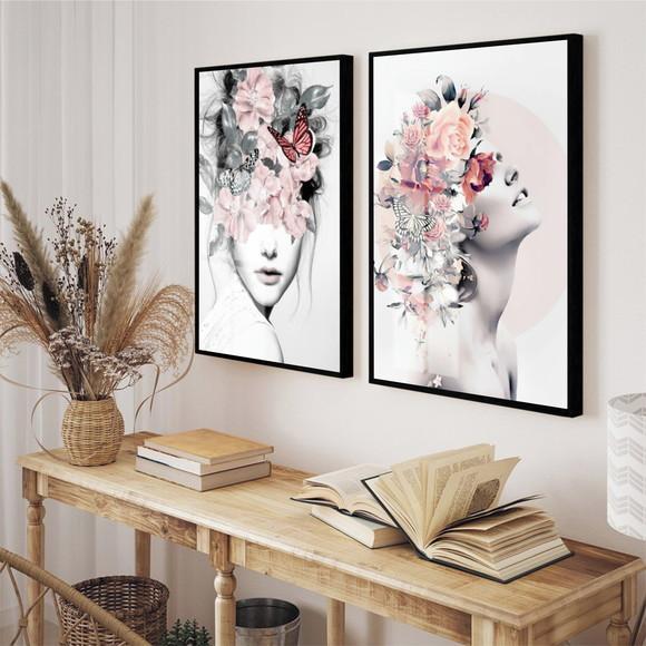 Kit 2 Quadros Decorativos Mulheres Flores Com Moldura Vidro