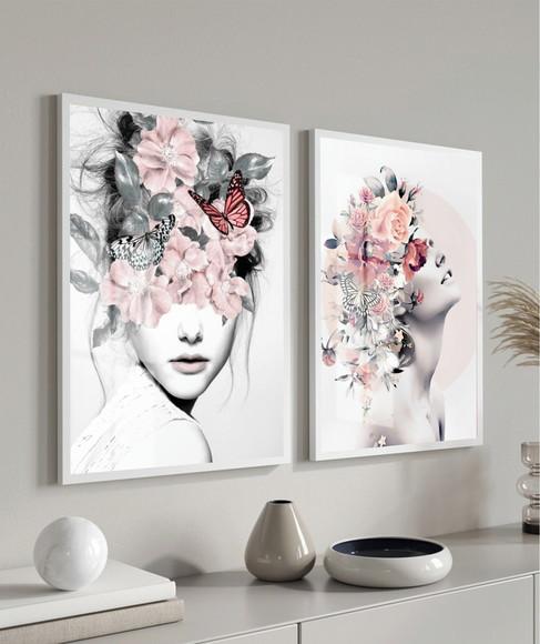 Kit 2 Quadros Decorativos Mulheres Flores Rosa Moldura Vidro