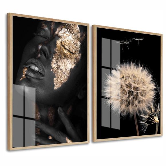 Kit 2 Quadros Decorativos Mulheres Negras Flor Moldura Vidro