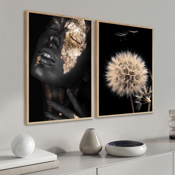 Kit 2 Quadros Decorativos Mulheres Negras Flores Com Moldura