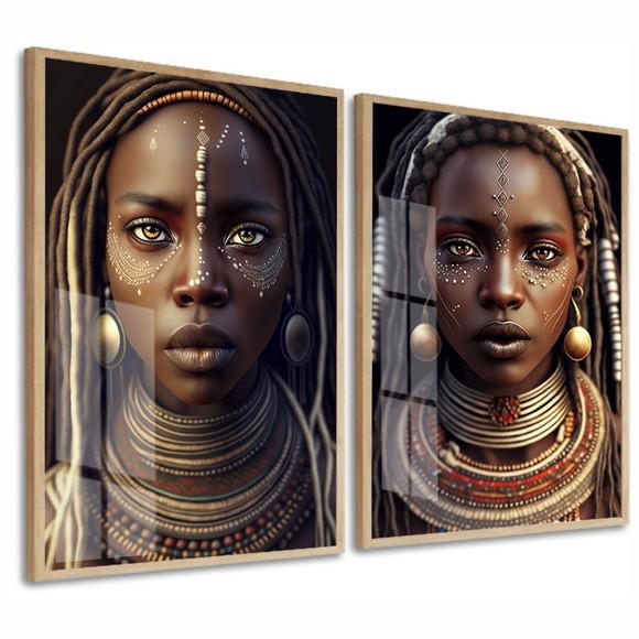 Kit 2 Quadros Decorativos Mulheres Negras Moldura e Vidro