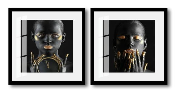 Kit 2 Quadros Decorativos Mulheres Negras Moldura e Vidro