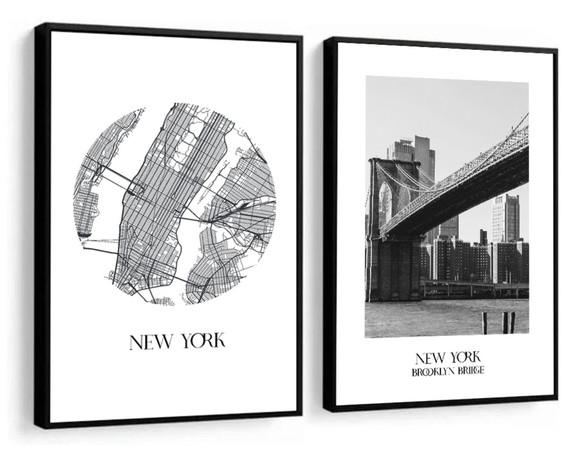 Kit 2 Quadros Decorativos Nova York Cidade Brooklyn Moldura