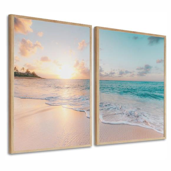 Kit 2 Quadros Decorativos Nascer do Sol Mar Moderno Moldura