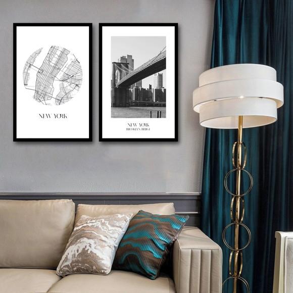 Kit 2 Quadros Decorativos Nova York Cidade Brooklyn Moldura