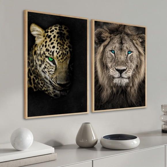 Kit 2 Quadros Decorativos Onça Pintada Leão Animais Moldura