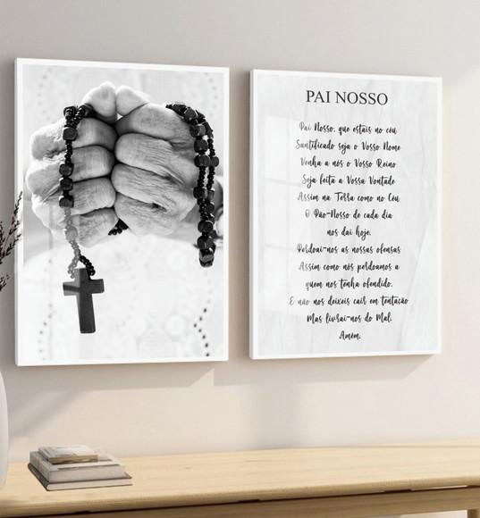 Kit 2 Quadros Decorativos Pai Nosso Oração Moldura e Vidros