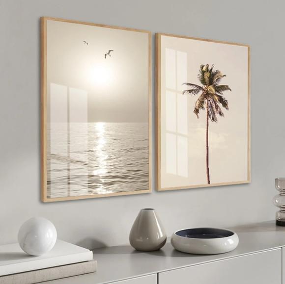 Kit 2 Quadros Decorativos Paisagem Mar com Moldura e Vidro