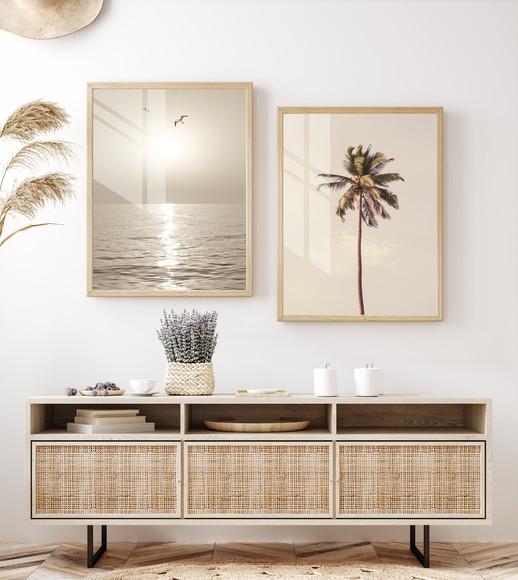 Kit 2 Quadros Decorativos Paisagem Mar com Moldura e Vidro