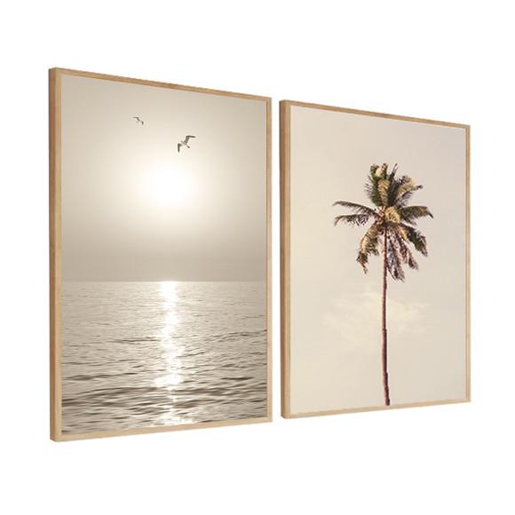 Kit 2 Quadros Decorativos Paisagem Mar Coqueiro com Moldura