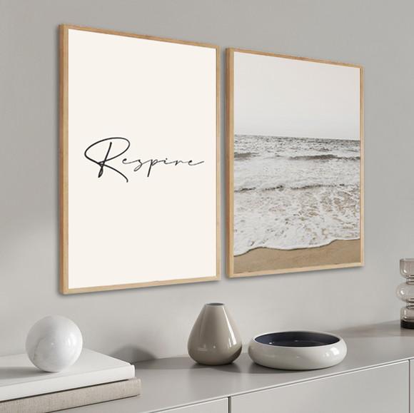 Kit 2 Quadros Decorativos Paisagem Mar Respire Com Moldura