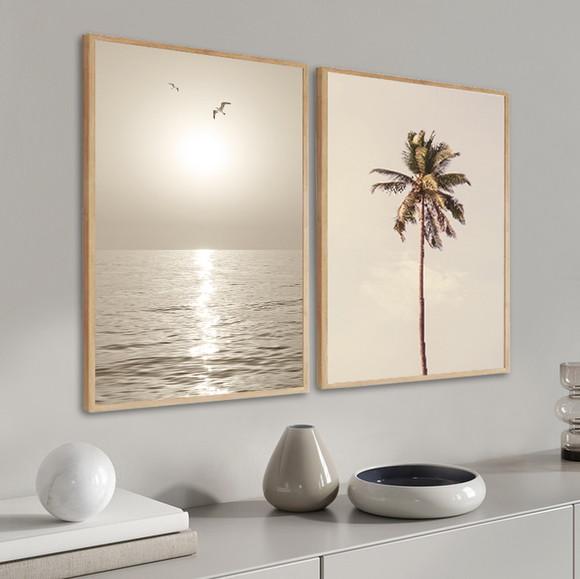 Kit 2 Quadros Decorativos Paisagem Mar Coqueiro com Moldura
