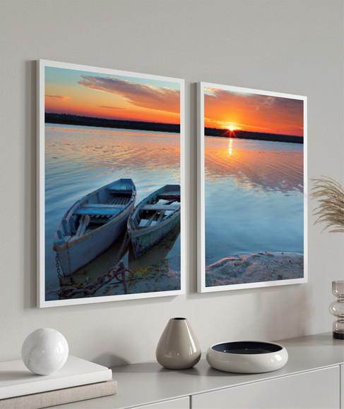 Kit 2 Quadros Decorativos Paisagem Pôr Do Sol Barcos Moldura