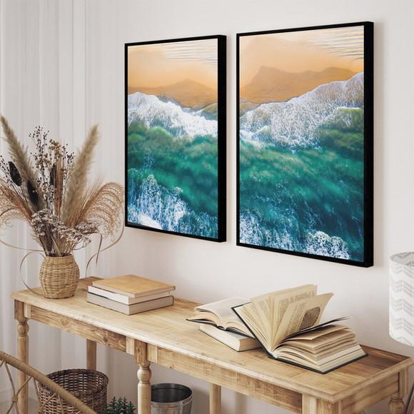 Kit 2 Quadros Decorativos Paisagem Praia Mar Azul Moldura