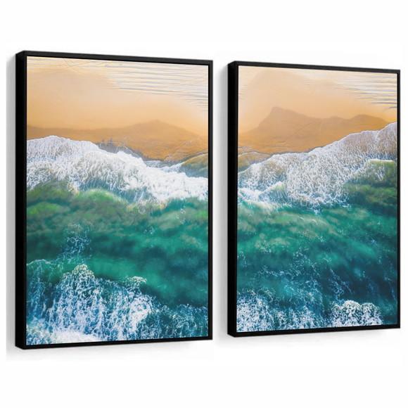 Kit 2 Quadros Decorativos Paisagem Praia Mar Azul Moldura