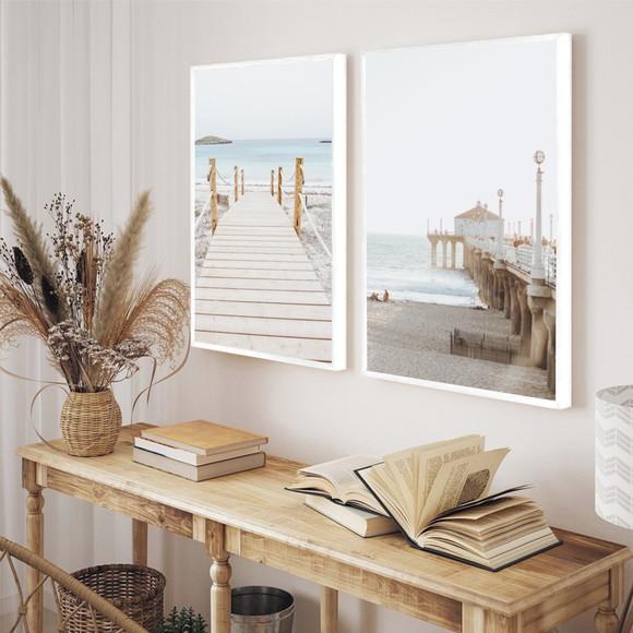 Kit 2 Quadros Decorativos Paisagem Praia Mar Com Moldura
