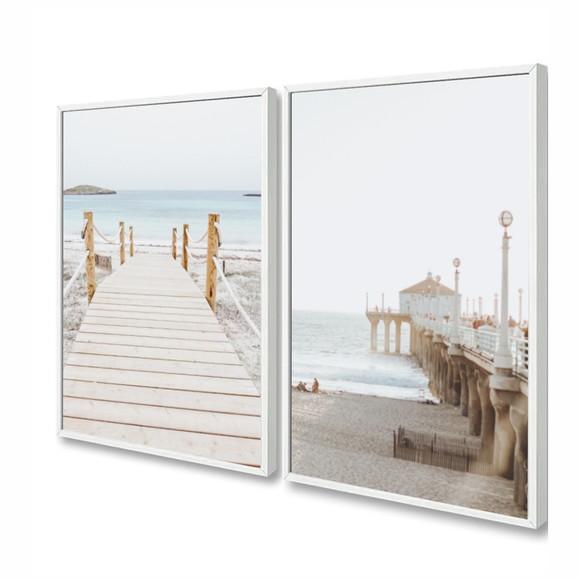 Kit 2 Quadros Decorativos Paisagem Praia Mar Com Moldura