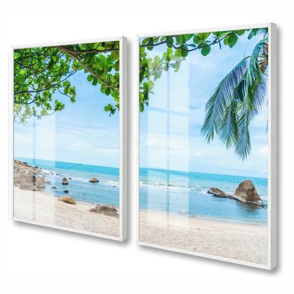 Kit 2 Quadros Decorativos Paisagem Praia Mar Moldura e Vidro
