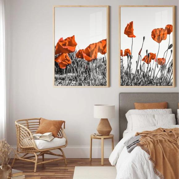 Kit 2 Quadros Decorativos Papoulas Vermelhas Moldura e Vidro
