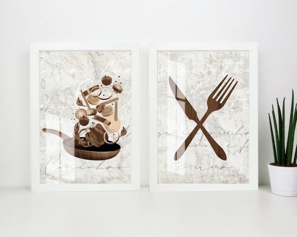 Kit 2 Quadros Decorativos Para Cozinha Com Moldura e Vidro