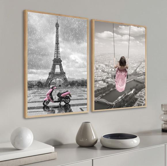 Kit 2 Quadros Decorativos Paris Torre Eiffel França Moldura