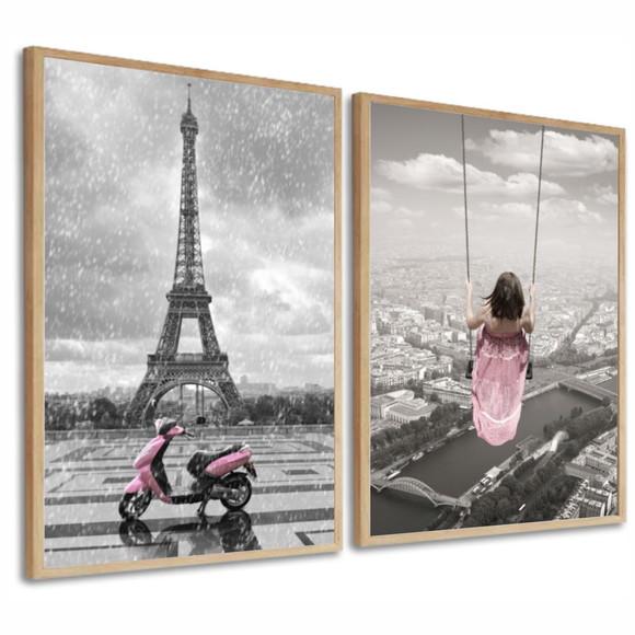 Kit 2 Quadros Decorativos Paris Torre Eiffel França Moldura