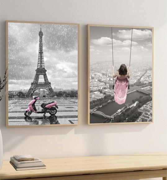 Kit 2 Quadros Decorativos Paris Torre Eiffel França Moldura