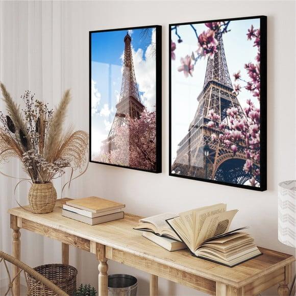 Kit 2 Quadros Decorativos Paris Torre Eiffel Moldura e Vidro