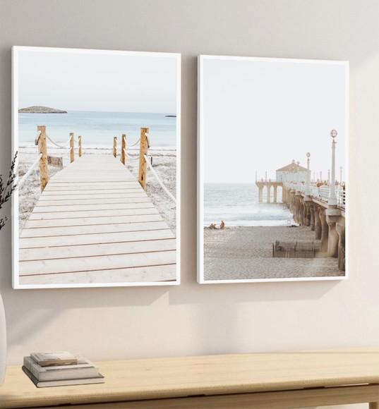 Kit 2 Quadros Decorativos Paisagem Praia Mar Com Moldura