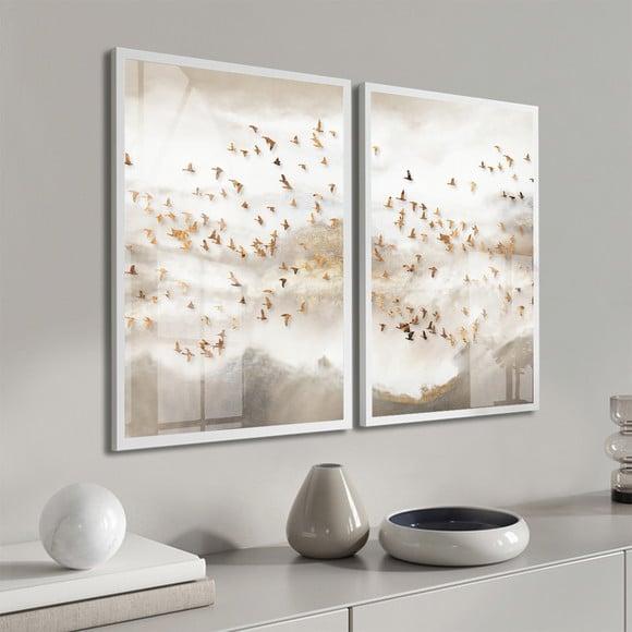Kit 2 Quadros Decorativos Pássaros Dourados Moldura e Vidro