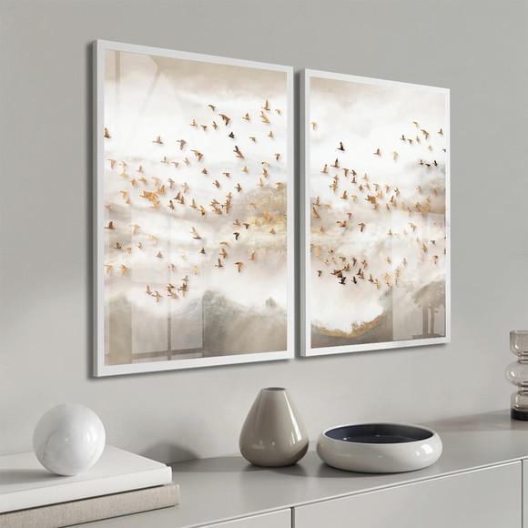 Kit 2 Quadros Decorativos Pássaros Dourados Moldura e Vidro