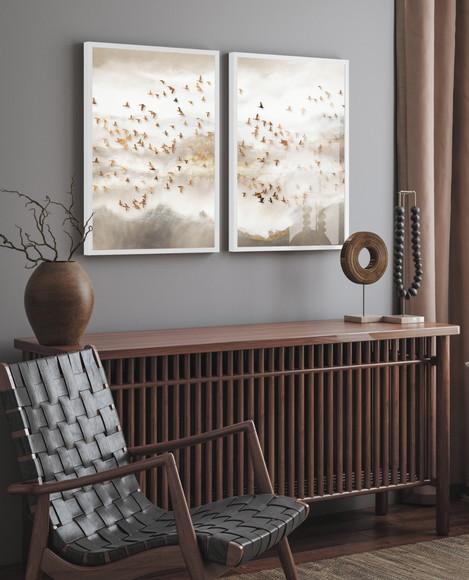 Kit 2 Quadros Decorativos Pássaros Dourados Moldura e Vidro