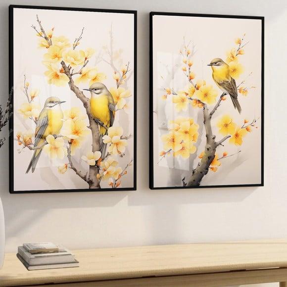 Kit 2 Quadros Decorativos Pássaros Flores Amarela com Vidro