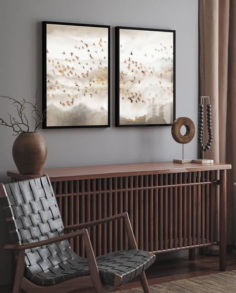 Kit 2 Quadros Decorativos Pássaros Dourados Moldura Vidro