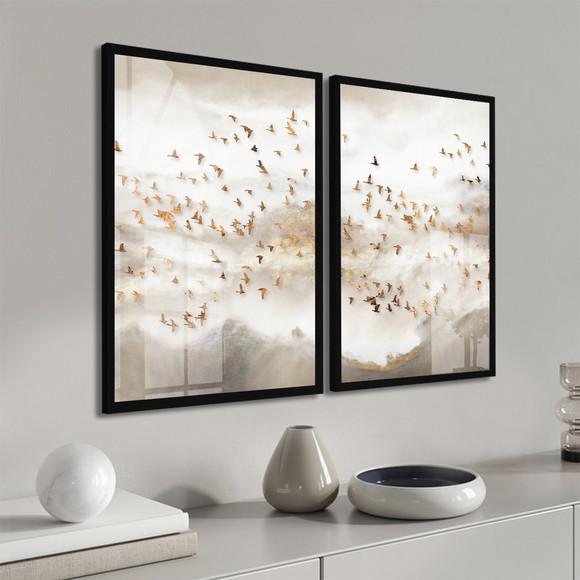Kit 2 Quadros Decorativos Pássaros Dourados Moldura Vidro