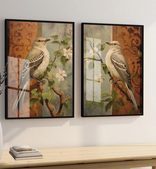 Kit 2 Quadros Decorativos Pássaros Flores Moderno Luxo Vidro
