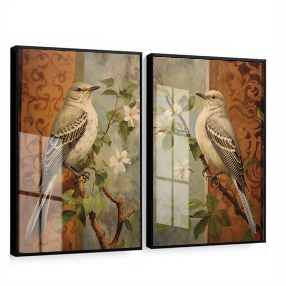 Kit 2 Quadros Decorativos Pássaros Flores Moderno Luxo Vidro