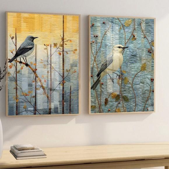 Kit 2 Quadros Decorativos Pássaros Modernos Moldura e Vidro